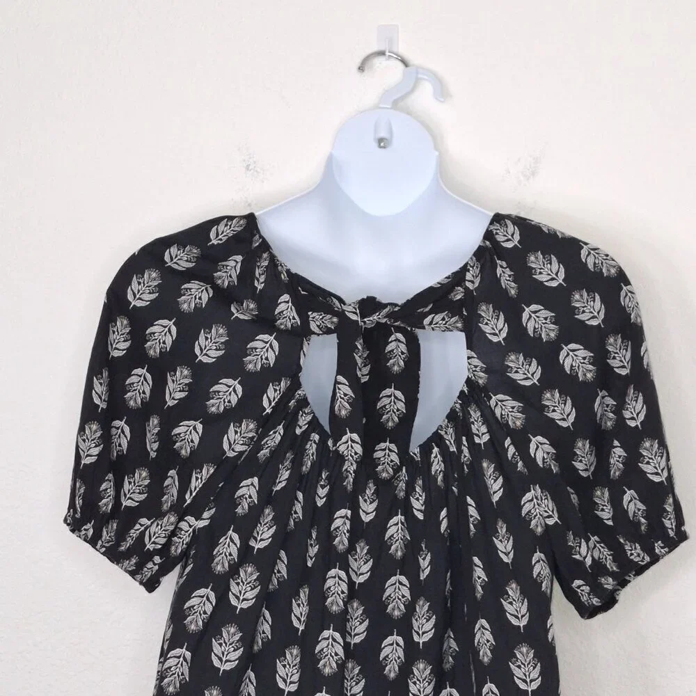 Old Navy Floral Blouse Sz L Puff Sleeve Flowy Tie Back Boho Coastal Neutral